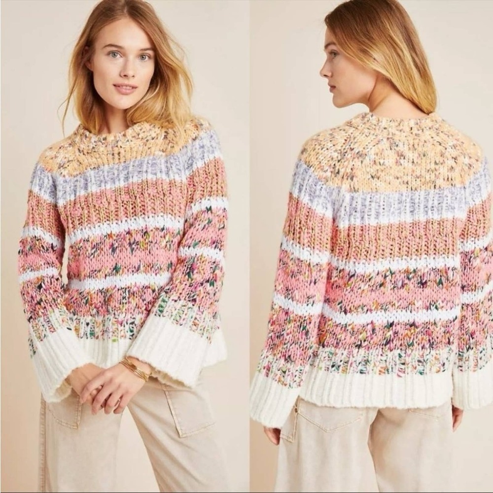 Anthropologie Kahlo Sweater Chunky Striped Knit Alpaca Wool Blend Rainbow Medium - Picture 6 of 6